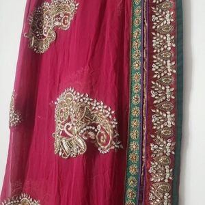 Pre Loved Fancy Saree Sari Dark Pink Gold Green Paisley Indian Pakistani Wedding